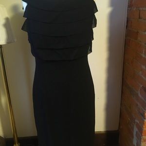 Black midi cocktail dress, ruffle detail on the front, size 6/8